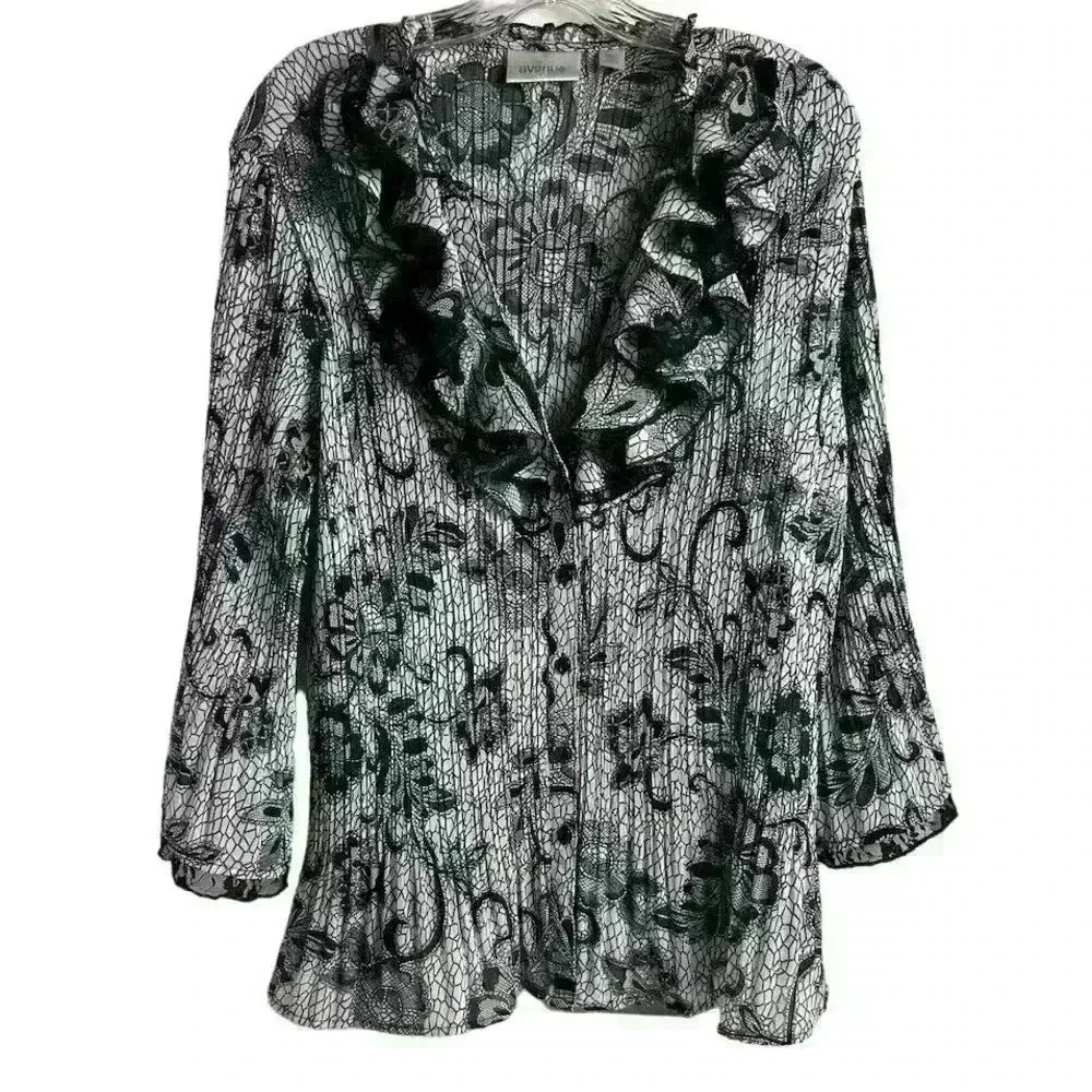 Avenue Women's Size 14/16 Black Lace Ruffle Blouse 3/4 Sleeve Casual